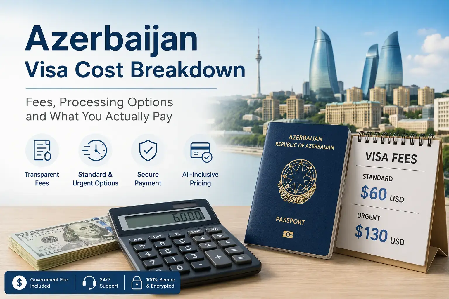 Breakdown of Azerbaijan eVisa cost showing government fee and service fee components